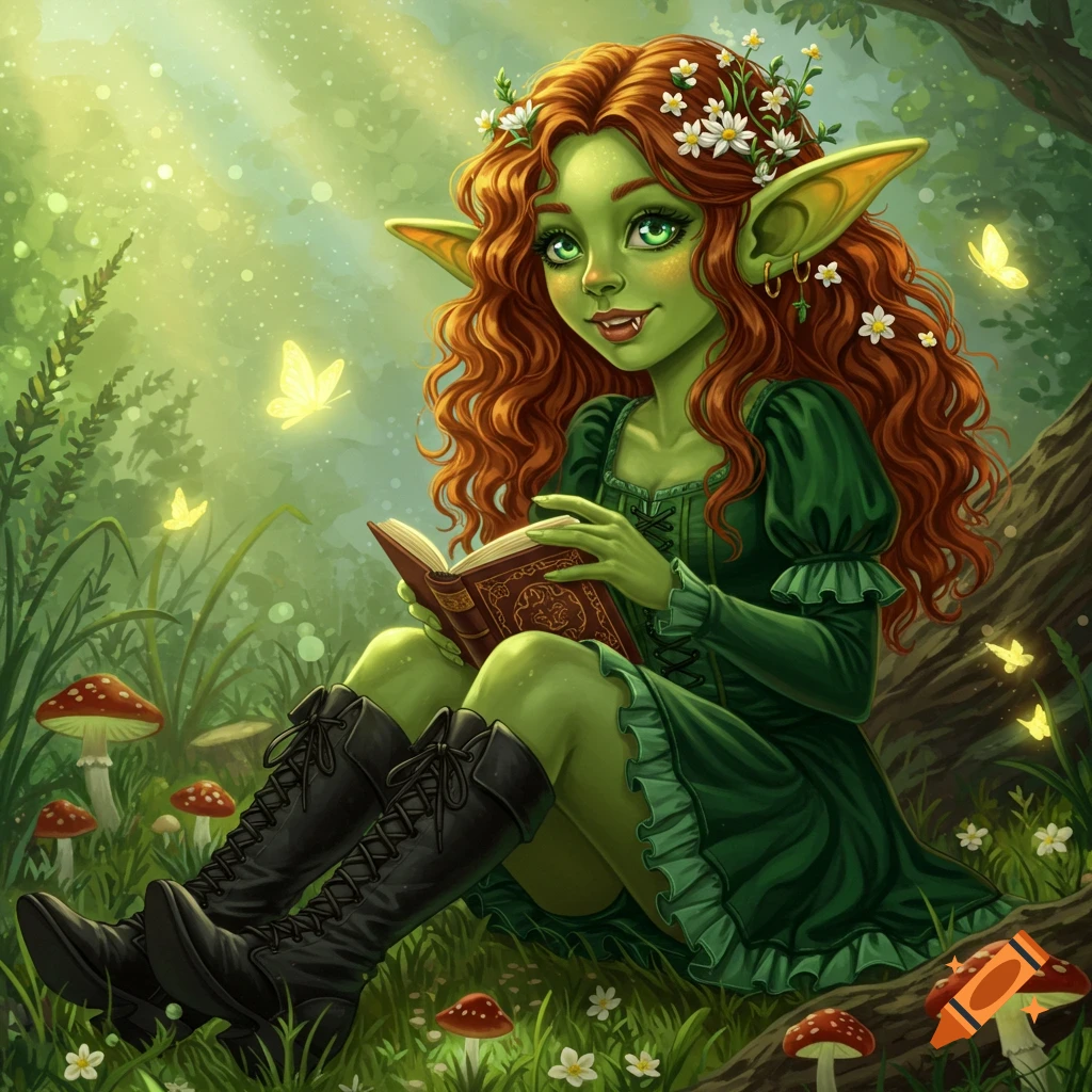 A green-skinned goblin girl with red curly hair, wearing a green dress, is sitting in a forest reading a book.