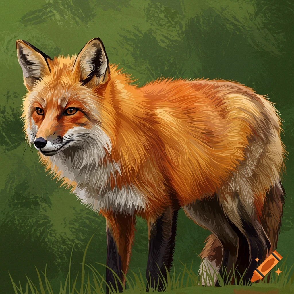 A red fox standing in green grass.