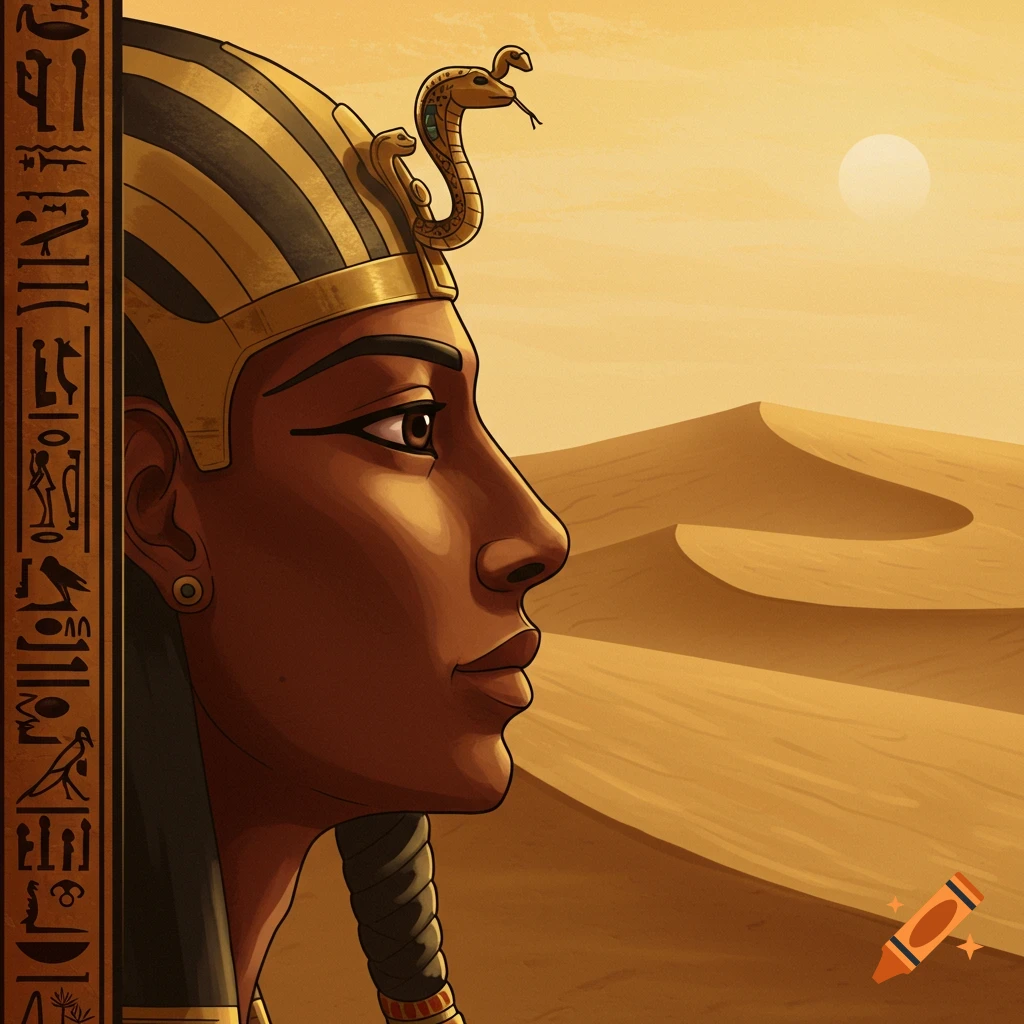 Profile of an ancient Egyptian figure wearing a golden headdress and uraeus against a desert background.