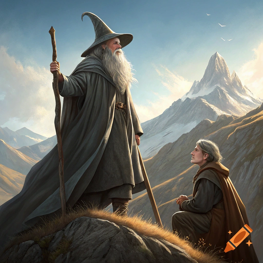 A tall wizard stands on a rock looking out over mountains, a smaller figure kneels nearby.