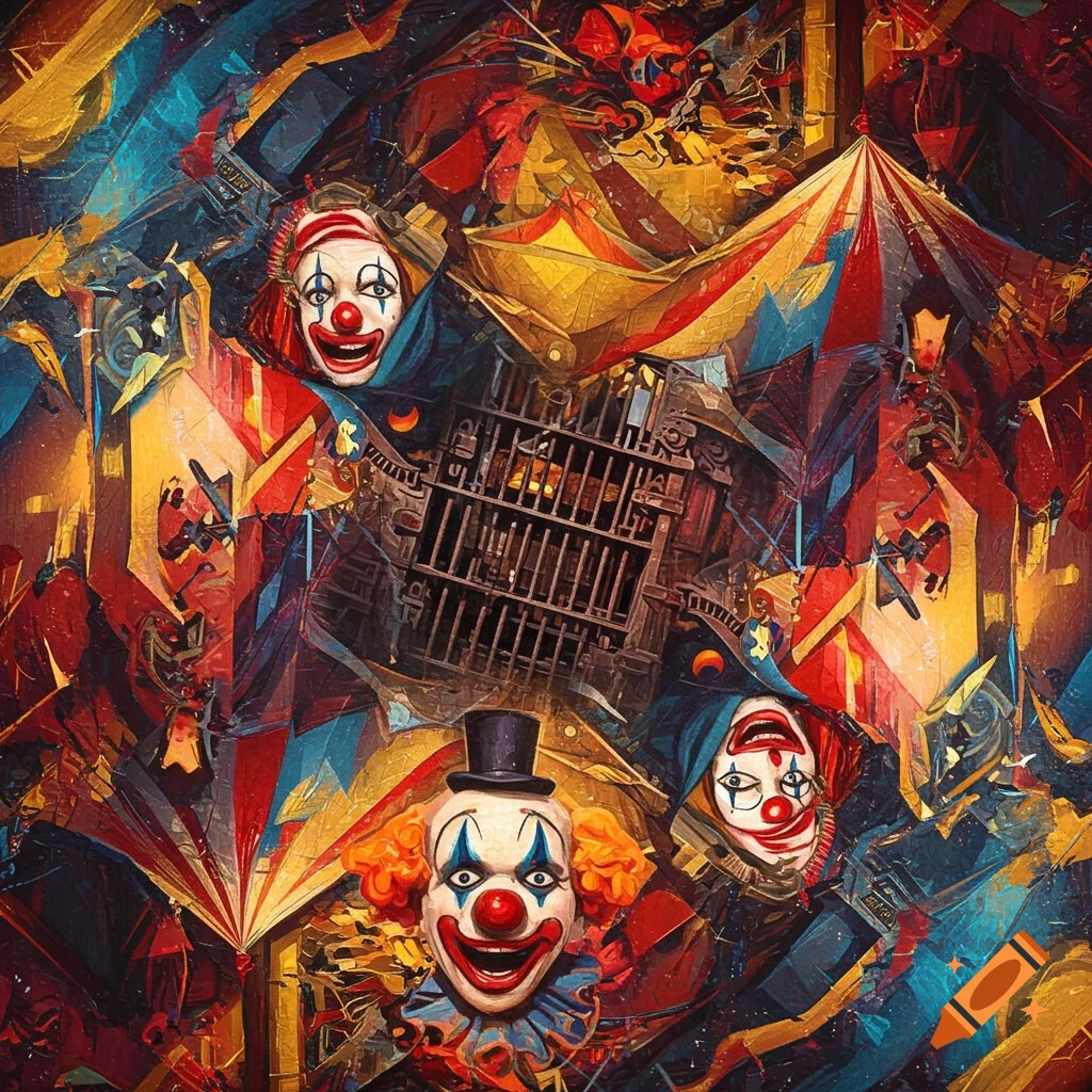 Abstract artwork combining circus and prison themes.
