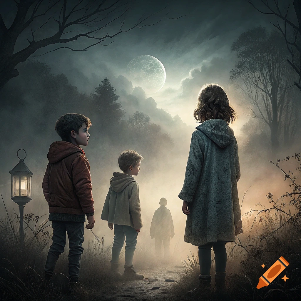 Children and a ghostly figure stand in a misty forest landscape under a large moon.