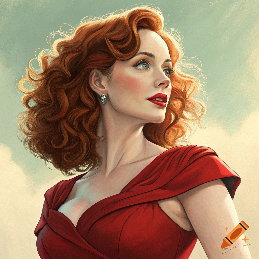 Portrait of a woman with red hair in a red dress, looking up