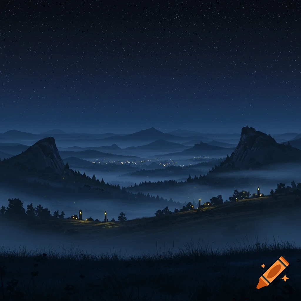 A misty mountain landscape at night with distant lights and a starry sky.