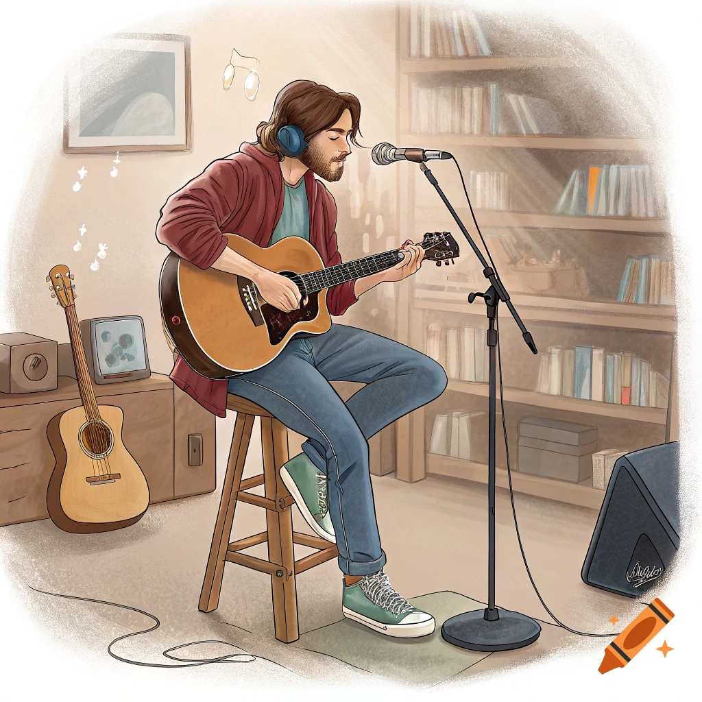 Illustration of a man playing an acoustic guitar on a stool in a room with bookshelves
