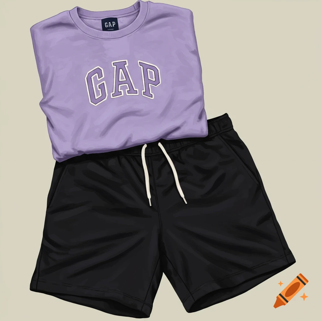 A folded light purple GAP sweatshirt on top of black shorts.