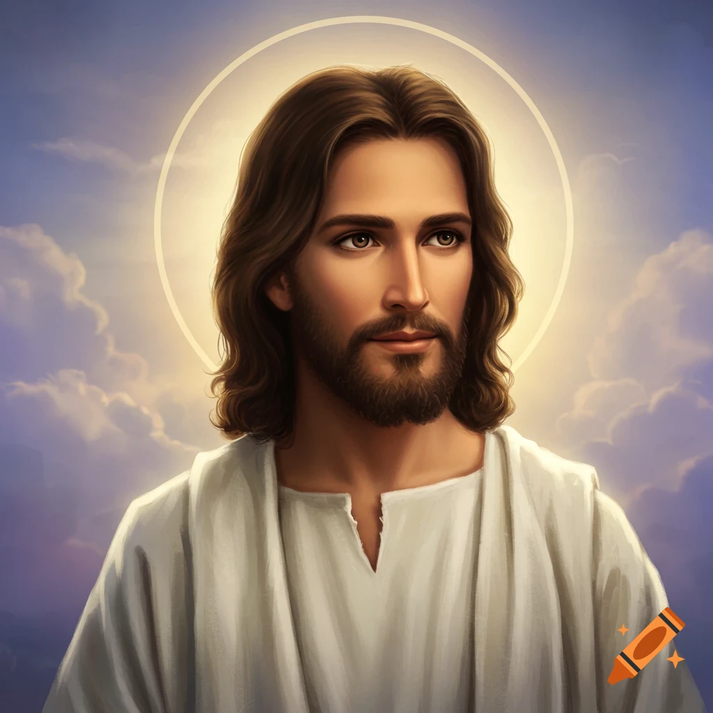Jesus Christ with a halo and clouds.