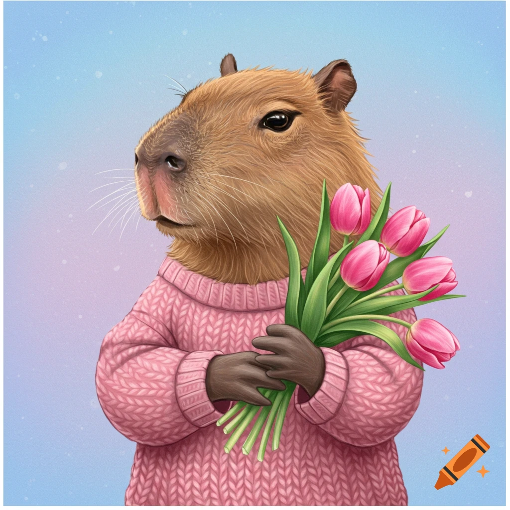 A capybara wearing a pink sweater and holding pink tulips.