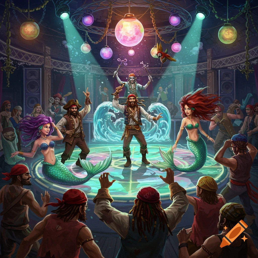 Pirates and mermaids dancing at a club party.