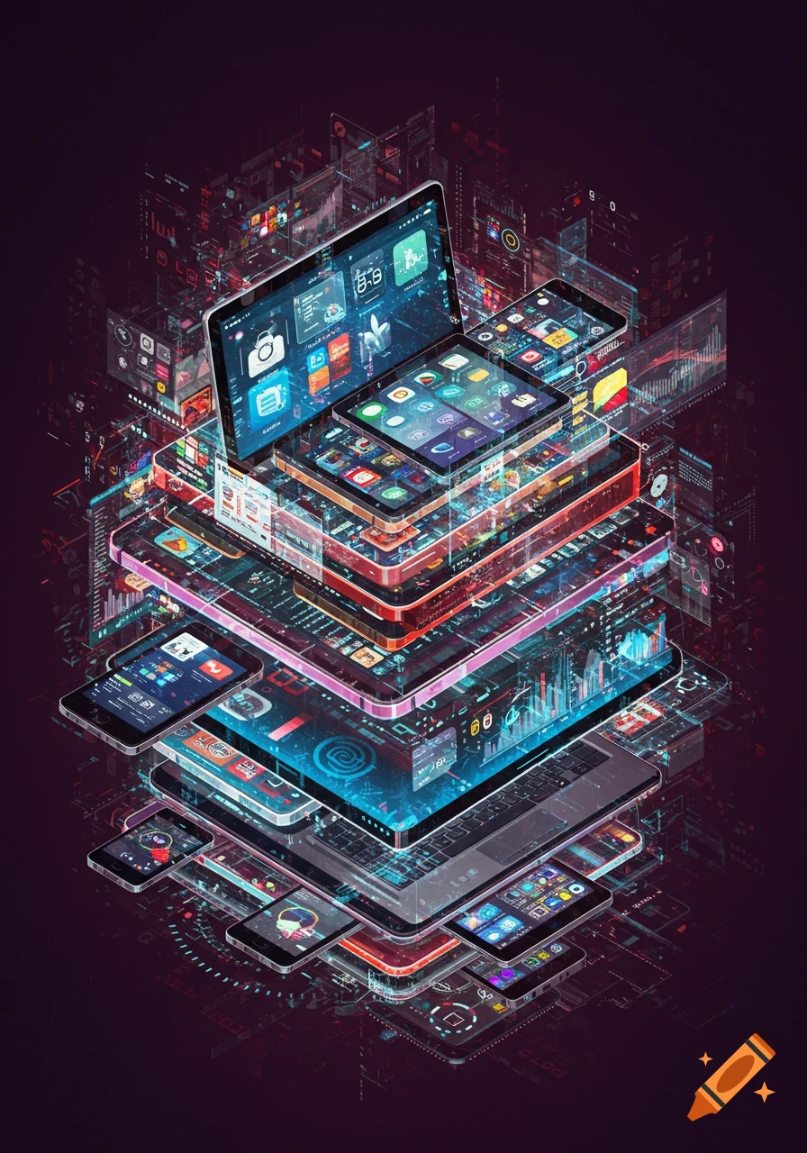 Isometric stacked tech devices layered with glowing data interfaces.