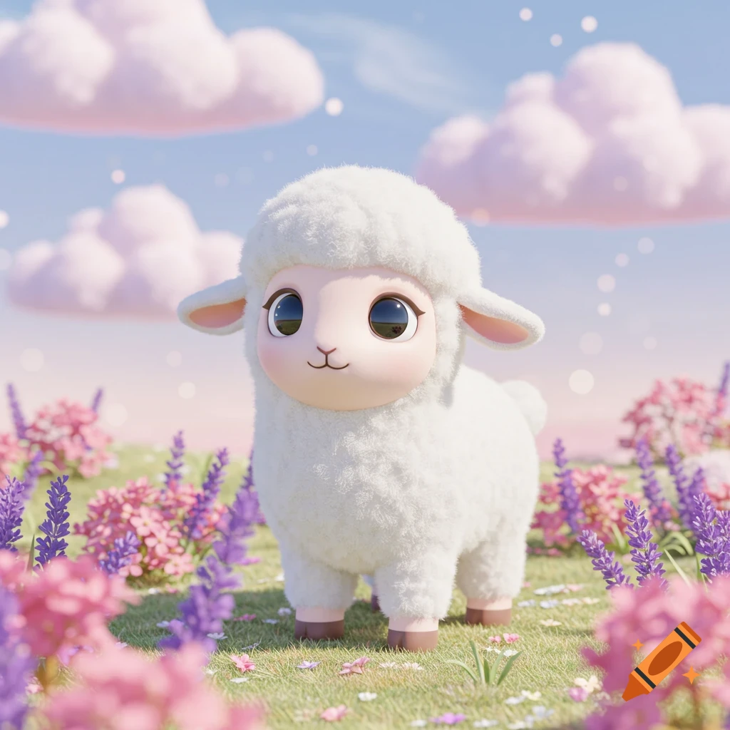 A cute cartoon lamb stands in a field of pink and purple flowers under pastel clouds.