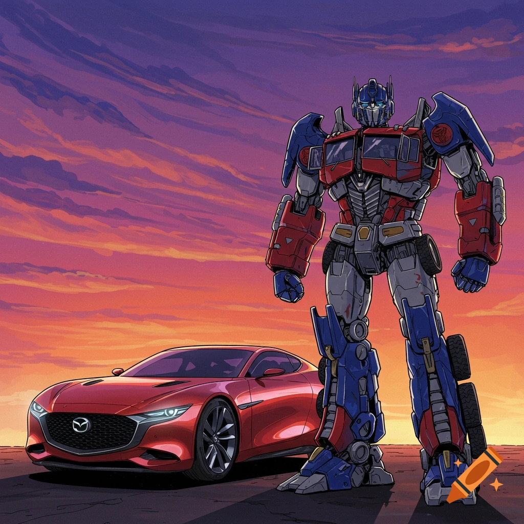 Illustration of Optimus Prime standing next to a red Mazda Furai car at sunset.