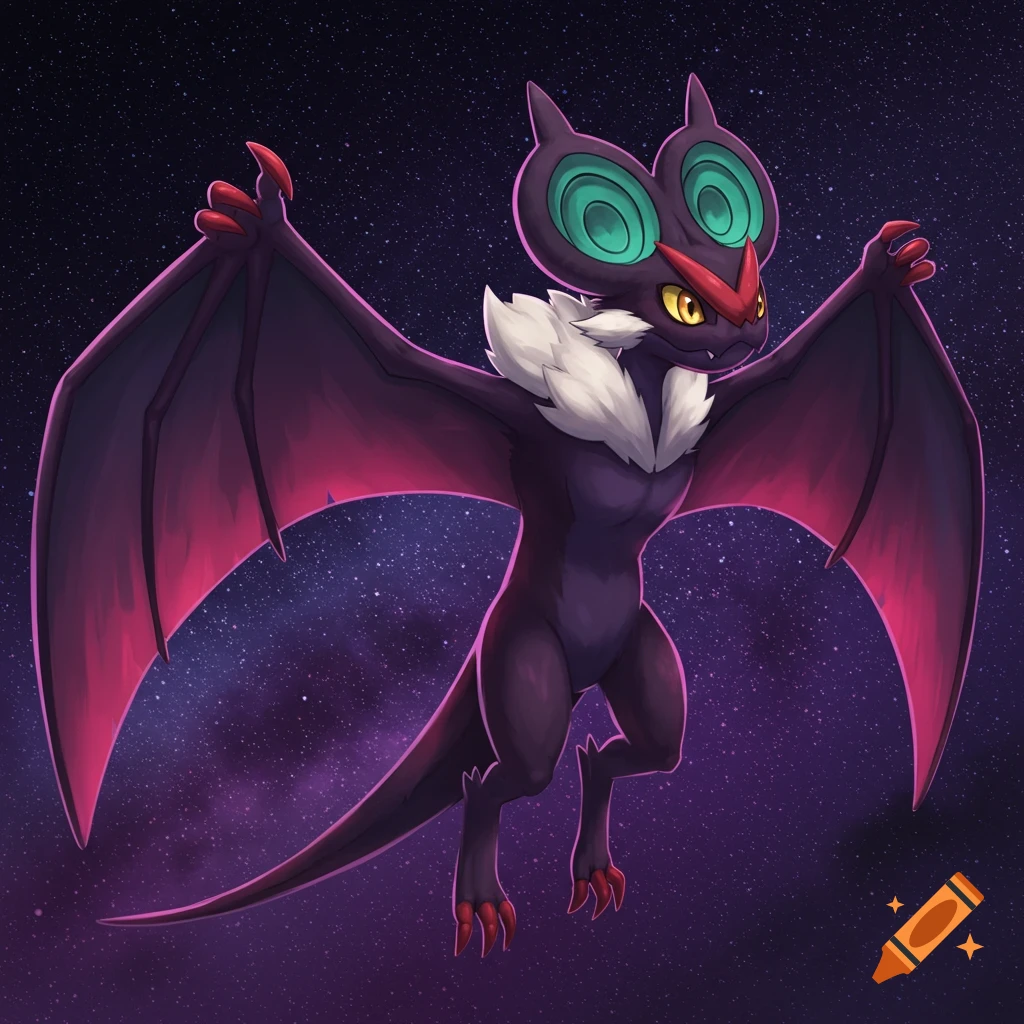 A bat-like creature resembling Noivern flying through a starry space background.