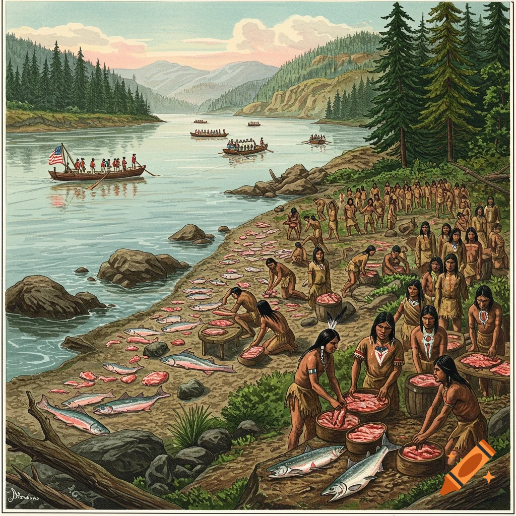Illustration of Native Americans harvesting fish by a river, with boats on the water and mountains in the background.