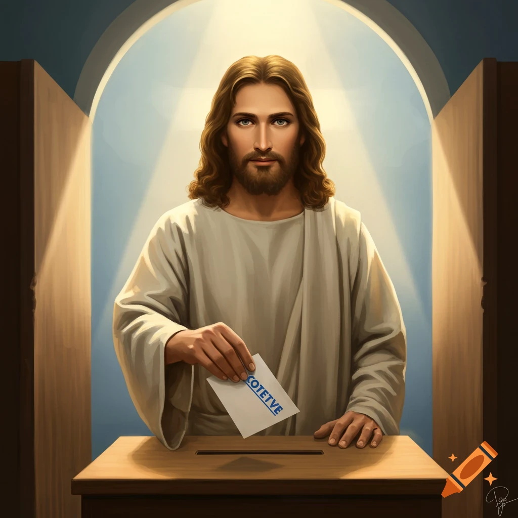 Jesus casting a vote into a wooden ballot box, standing in a room with an arched opening.