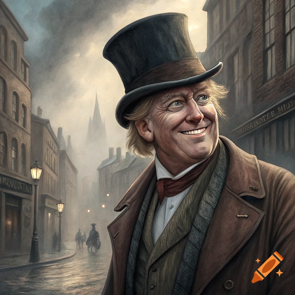 Illustration of a man resembling Donald Trump dressed in historical clothing (top hat, coat) on a foggy street, smiling.