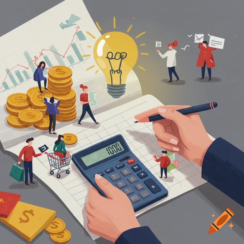 Stylized illustration of people around charts, coins, calculator, and lightbulb, representing business or financial planning.