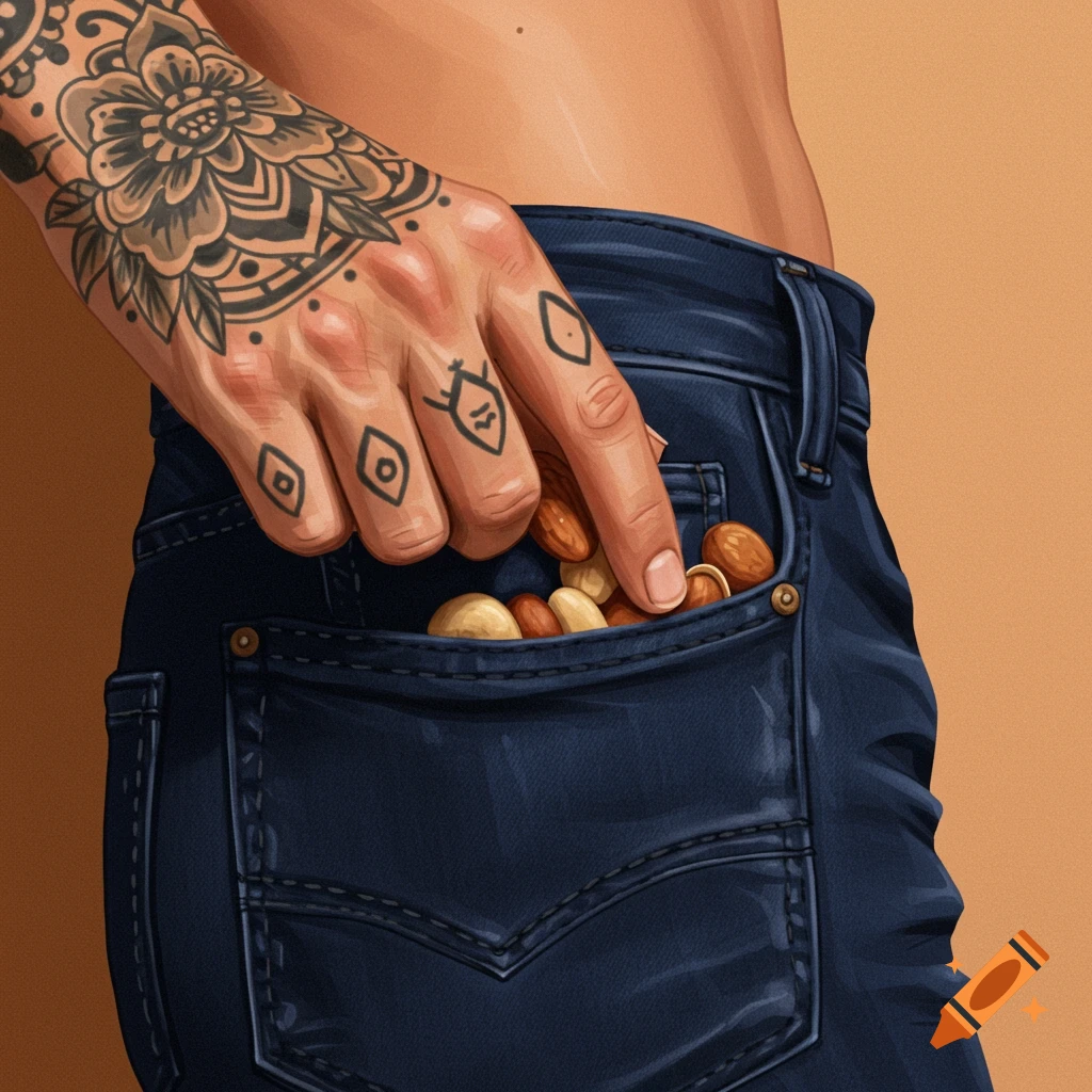 A tattooed hand reaching into a jeans pocket filled with nuts.