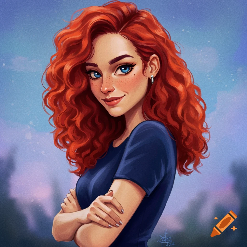 A smiling woman with red curly hair, freckles, and crossed arms.