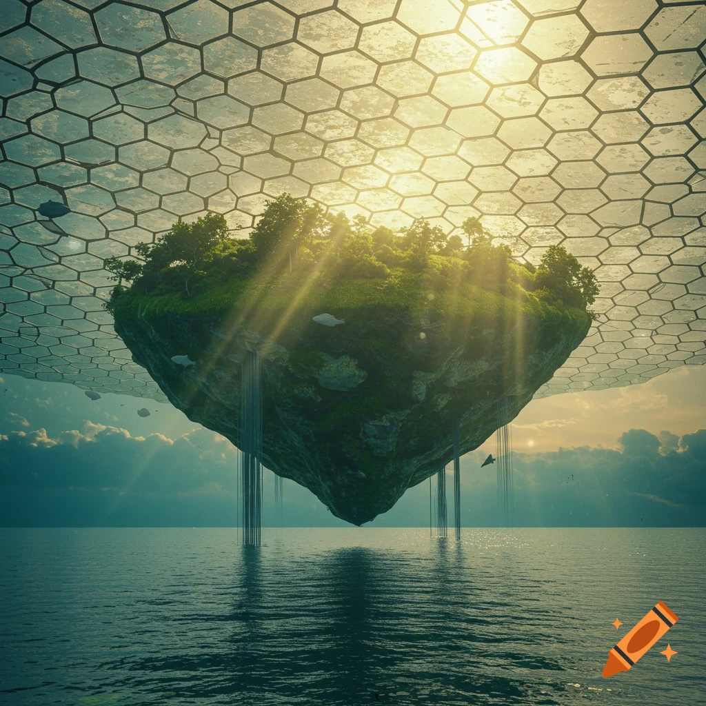 A floating island with trees suspended above water under a hexagonal structure.