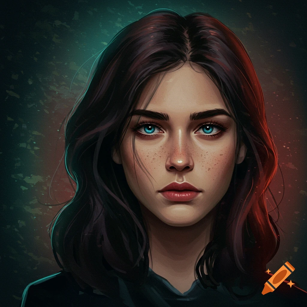 Portrait of a young woman with dark hair, blue eyes, and freckles.