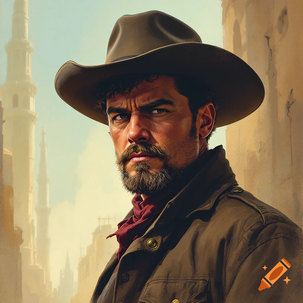A man in a cowboy hat and red scarf looking serious.