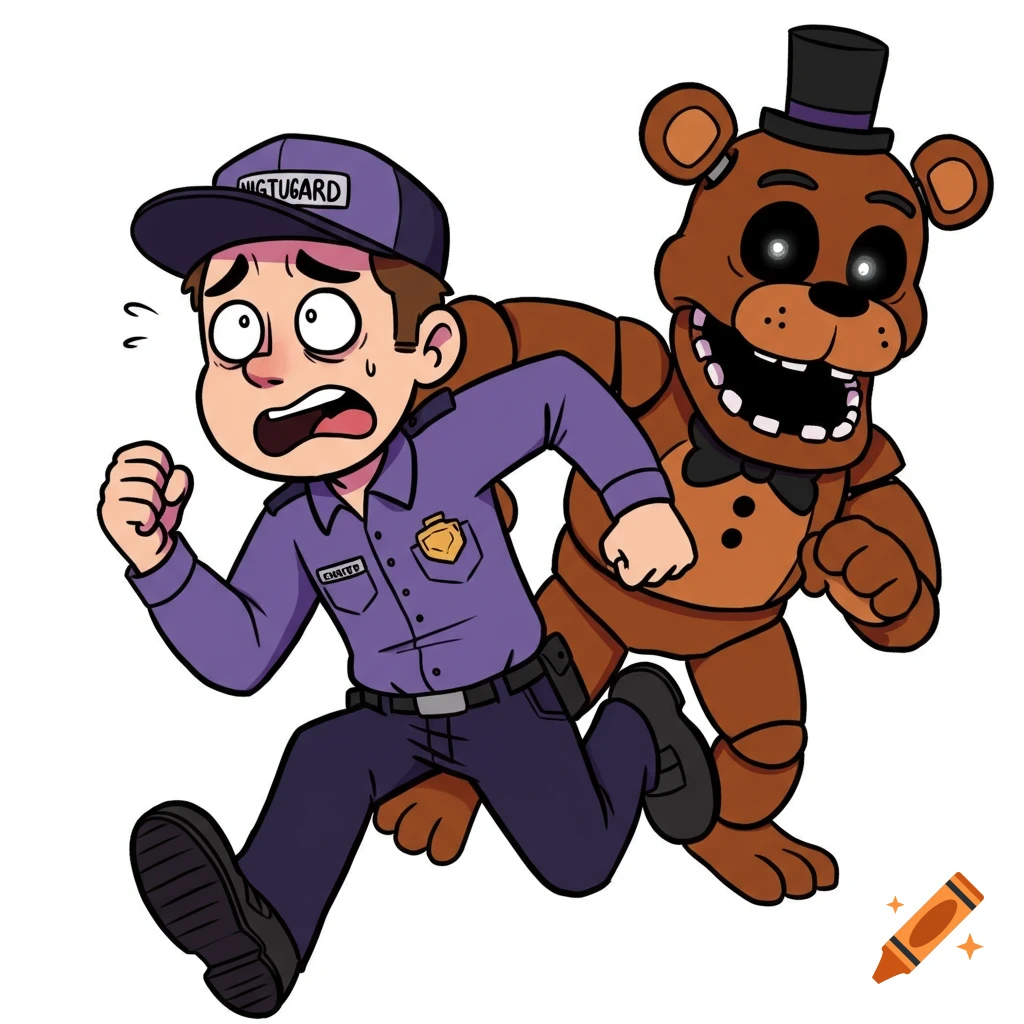 A cartoony nightguard runs in fear from Freddy Fazbear.