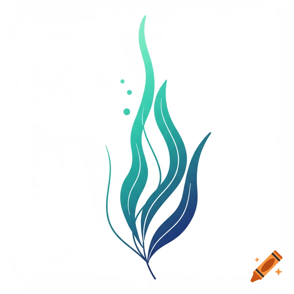 Minimalist illustration of stylized seaweed in teal and blue gradient.
