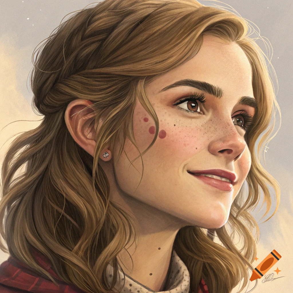 Digital illustration portrait of a young woman with freckles and moles, smiling and looking up.
