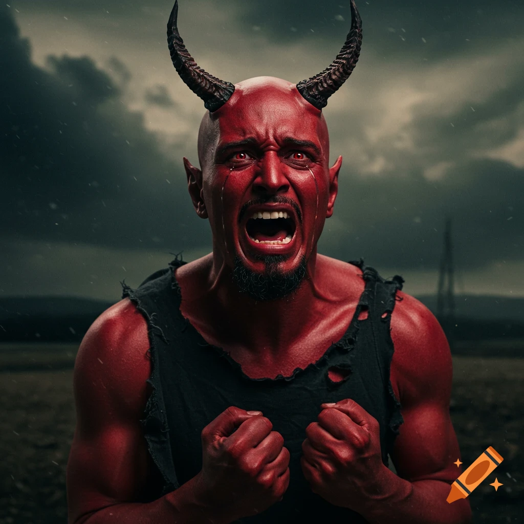 A red-skinned figure with horns crying or screaming in the rain against a dark sky, photorealistic style.