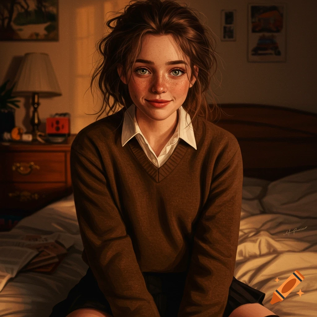 A young woman with freckles and messy brown hair, wearing a brown sweater and white shirt, sitting on a bed in a warm-lit room.