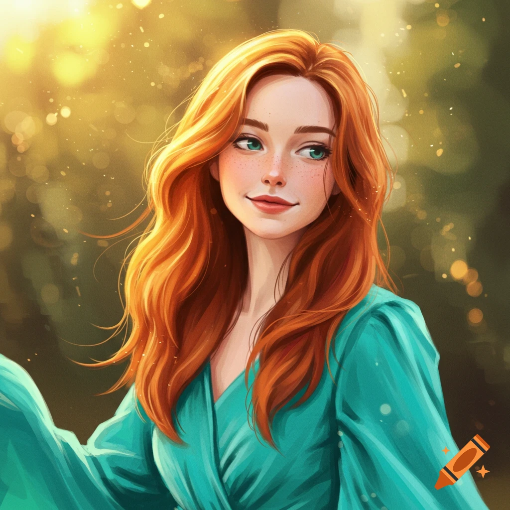 A woman with red hair and a teal dress in a sunny outdoor setting with bokeh.