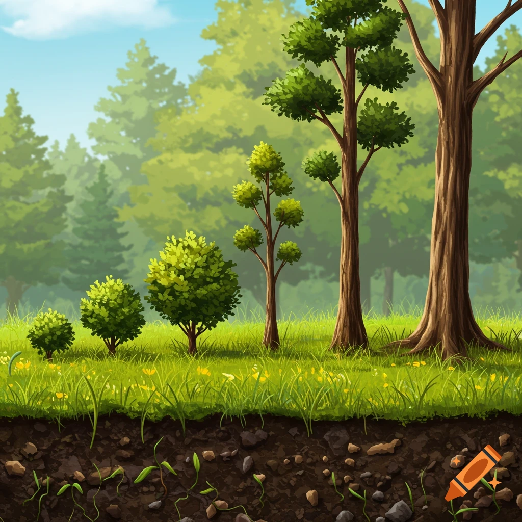 Trees growing from seedlings to mature trees in a forest with soil cross-section.