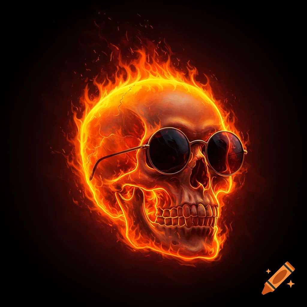 A flaming skull wearing round sunglasses.