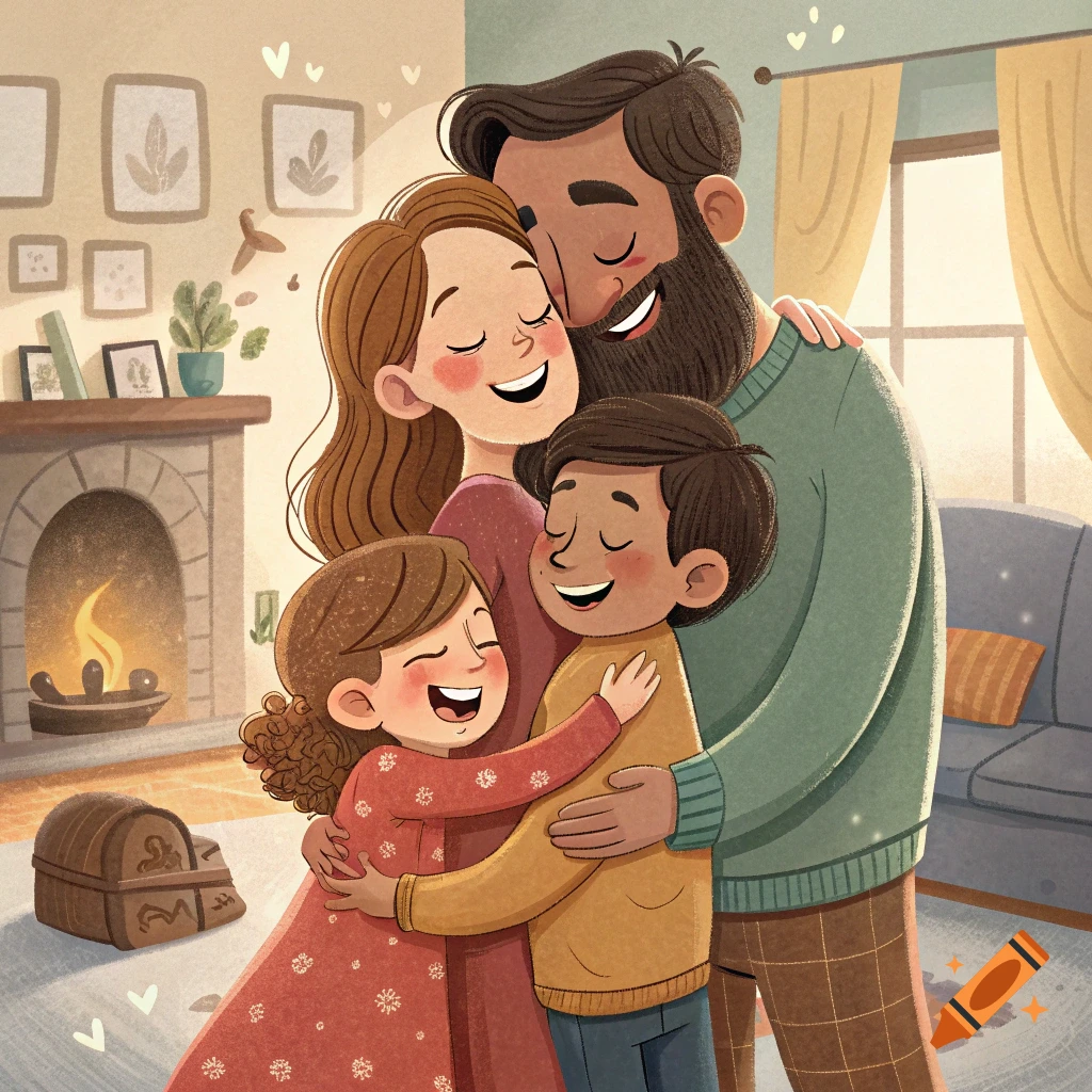 Illustrated family hugging in a warm living room