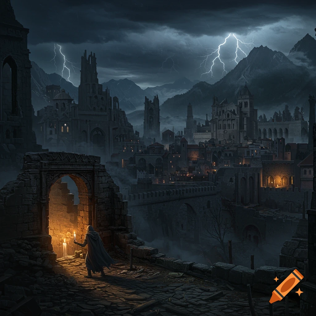 A hooded figure holds candles outside a dark fantasy city under a lightning storm.