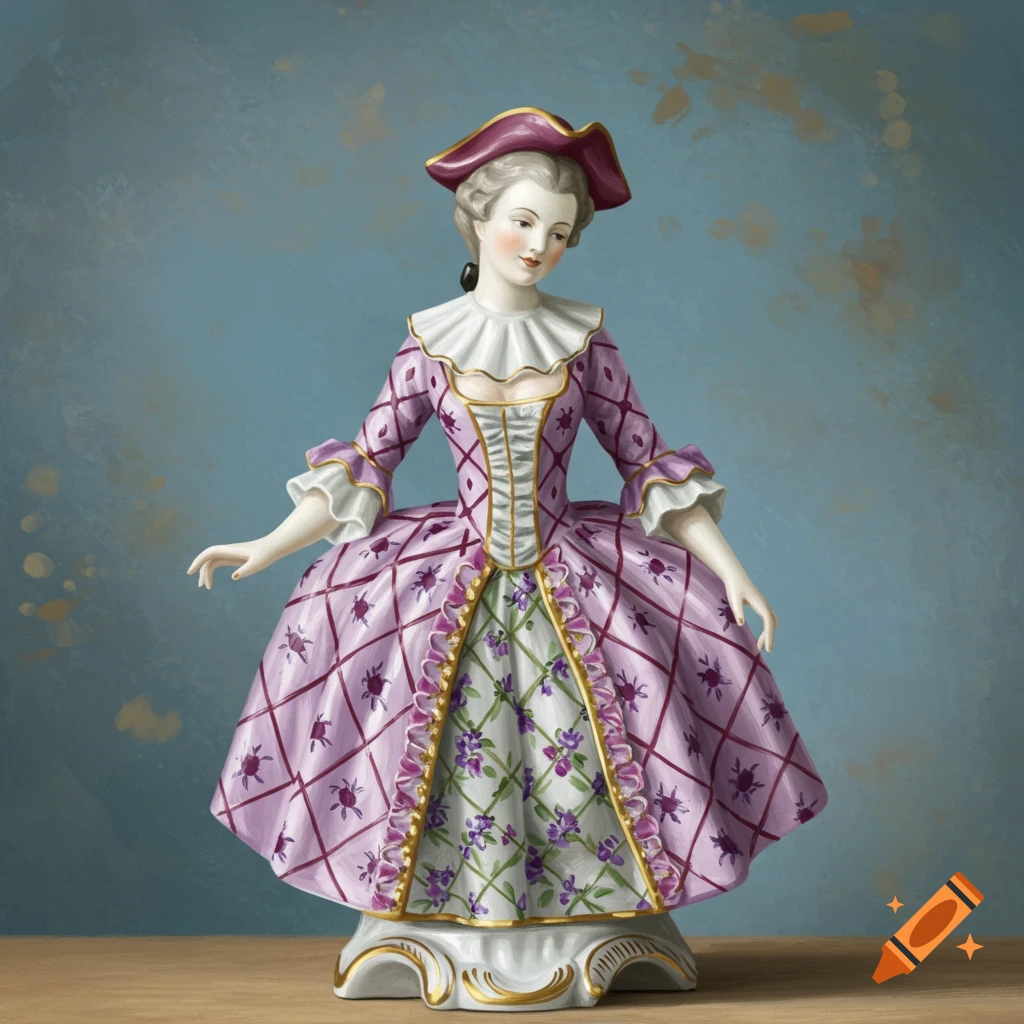 A porcelain figurine in a pink and purple dress and hat.