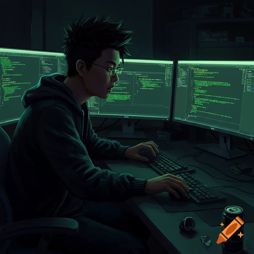 A person coding at two computer monitors in a dark room.