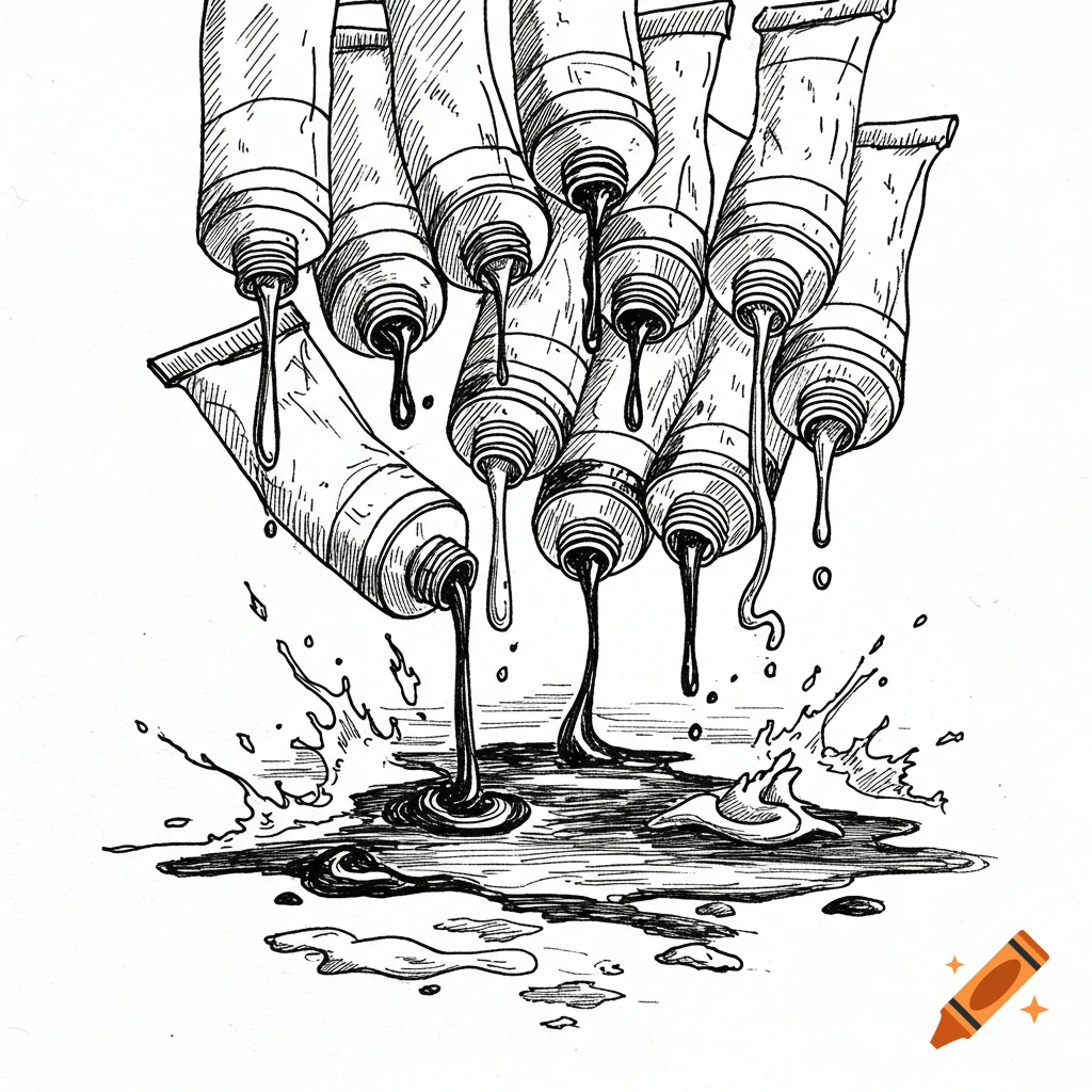 Black and white line drawing of paint tubes spilling paint onto the ground.