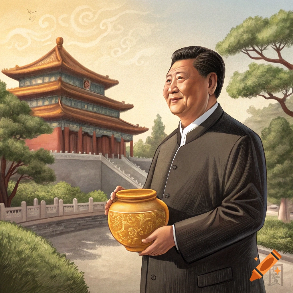 Xi Jinping holding a golden pot in a Chinese garden with a temple