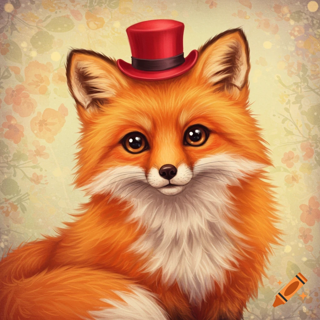 A cute fox wearing a red top hat.