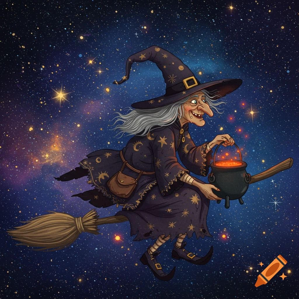 Digital illustration of a cartoon witch flying on a broomstick against a starry night sky, holding a bubbling cauldron.