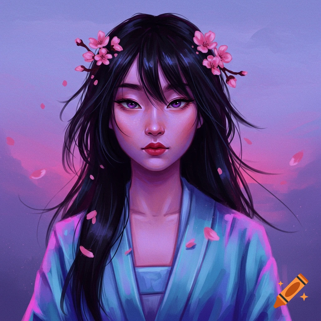 A woman with black hair, cherry blossoms, and a blue kimono-like garment stands against a purple sky.