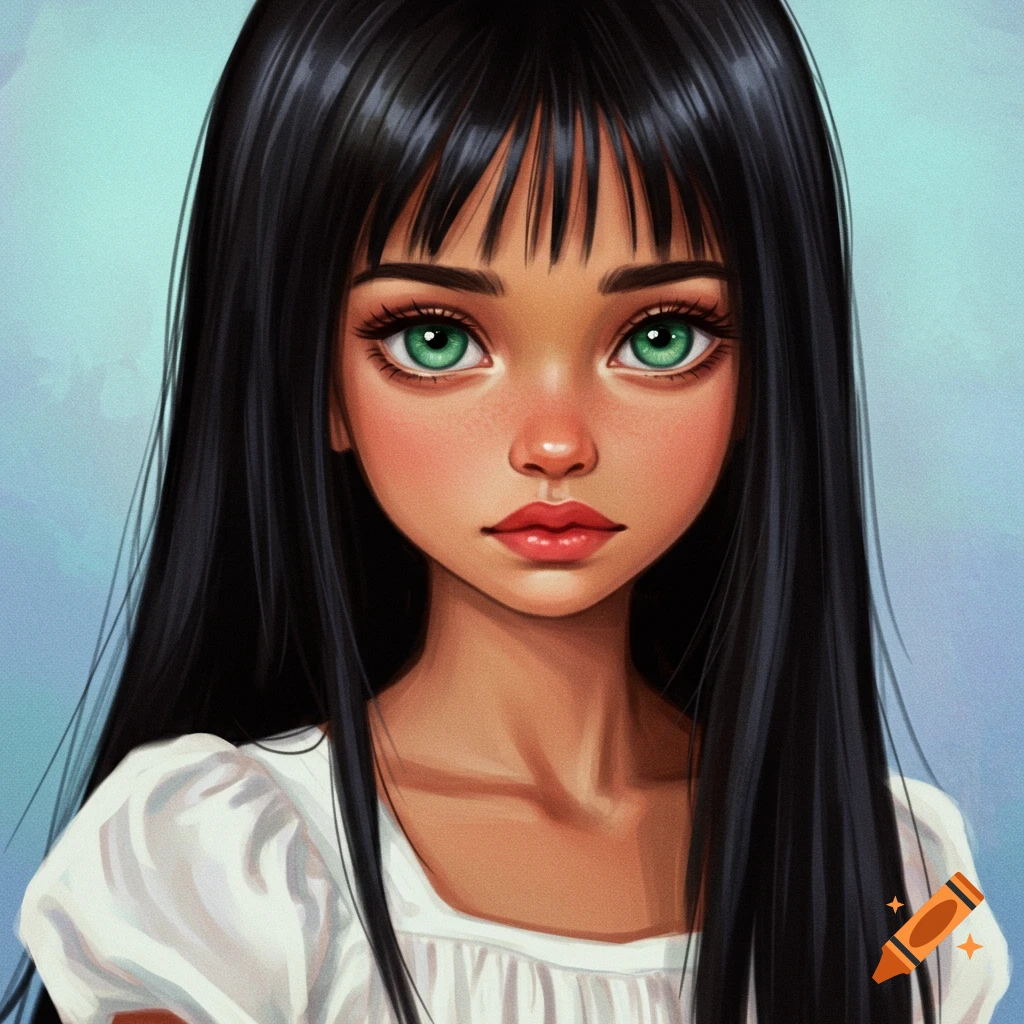 A girl with black hair and green eyes.