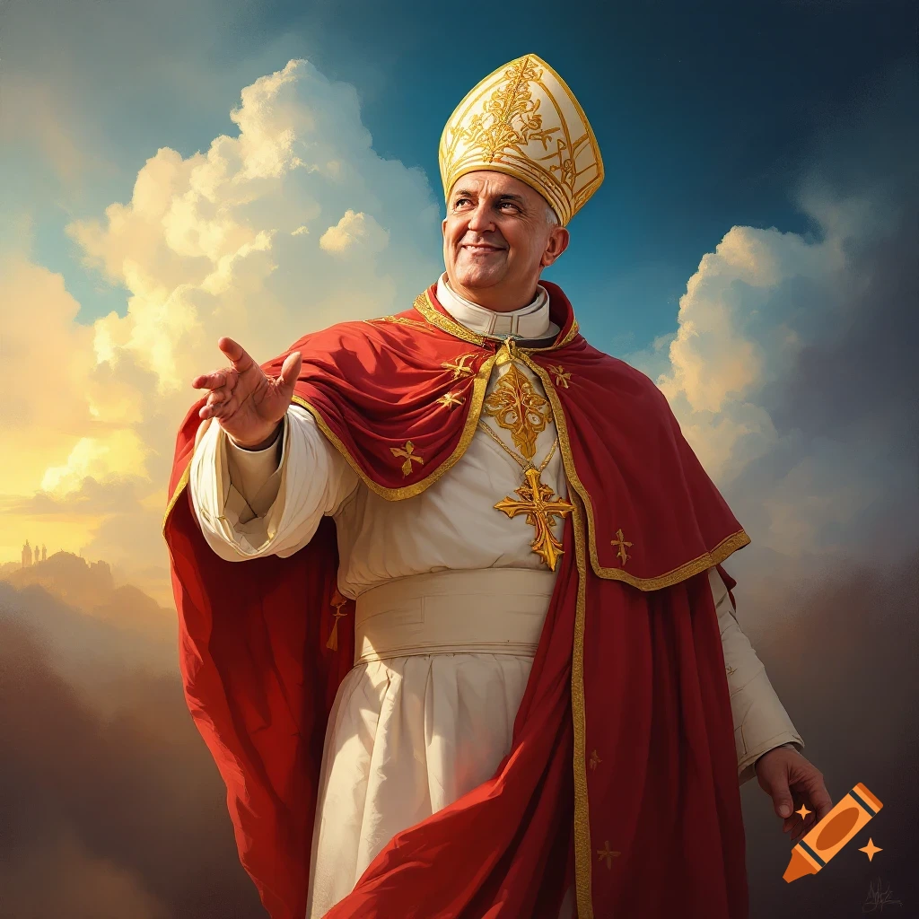 A figure dressed as a pope stands against a cloudy sky, gesturing.