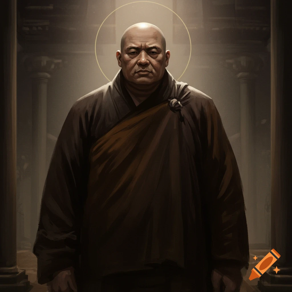 A bald monk with a halo, standing in a dim, columned room.