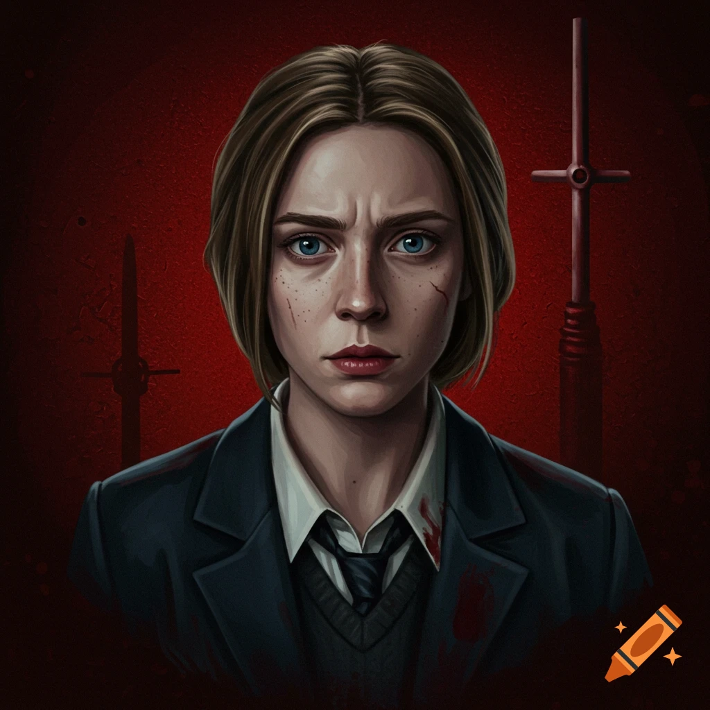Portrait of a young woman with scratches and blood on her face and uniform against a red background.