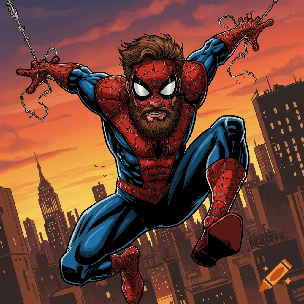 Comic book style illustration of Spider-Man with a beard leaping through a city at sunset.