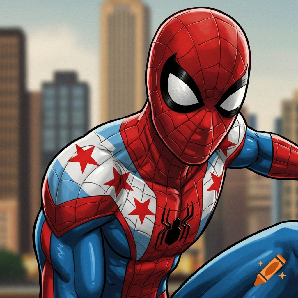 Comic art of Spiderman wearing a suit patterned with the Chicago flag, with a cityscape behind him.