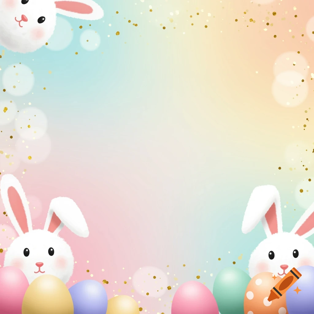 Pastel Easter background with bunnies peeking from corners and colorful eggs.